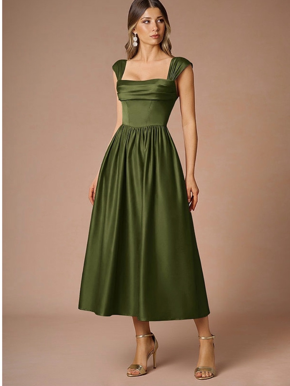 Azazie Dana Olive Green Square-Neck Midi Dress